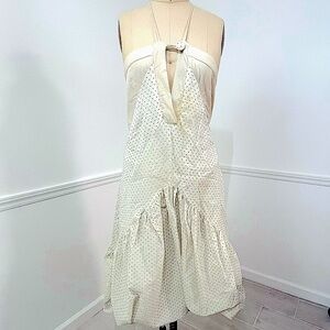 Vintage drip waist balloon skirt dress Swiss dot fabric with oversized button